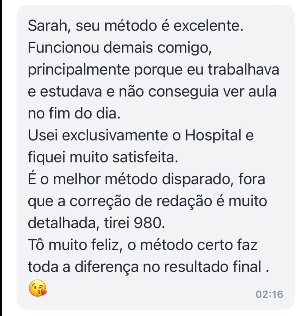 Print de mensagem de aluna que tirou 980 na redação usando exclusivamente o Hospital Questiona